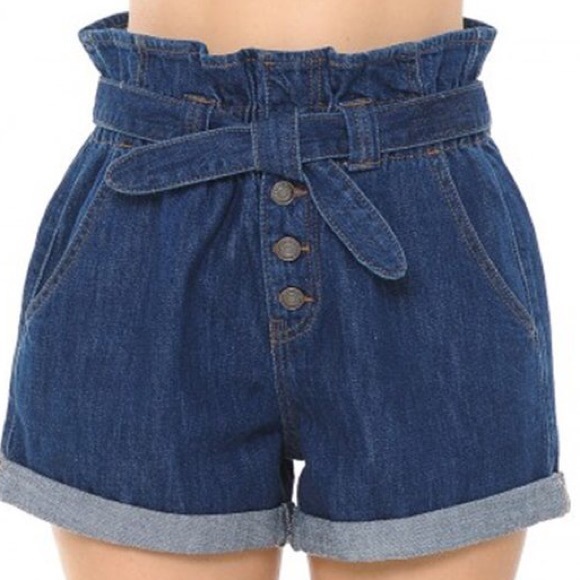 Son Paises Pants - Denim Paperbag Shorts-Size Small